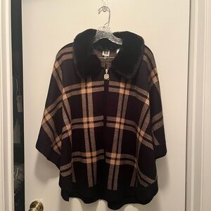 Anne Klein Black and Gold Plaid Poncho with Faux Fur Collar